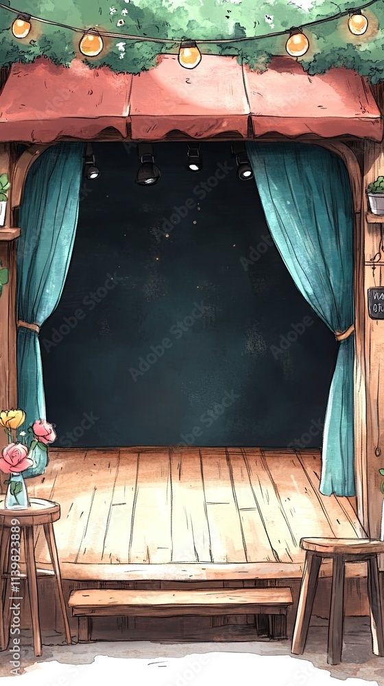 Poster an empty stage with wooden floors and blue curtains set against a green backdrop with a red awning a