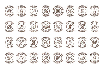 Natural products icons set. Organic. Eco-products. Allergen free badges. Sugar free, lactose free, gmo free, No Soy, Transfat, Nut, Gluten, Corn, Dairy, Sugar.