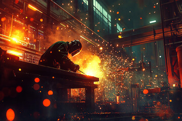 Industrial scene, welding steel with intense sparks. Worker in safety gear, mask at factory, metalwork under bright light, hot conditions