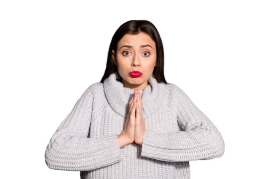 Photo of pretty lady begging boyfriend buy new smart phone wear knitted pullover isolated blue background