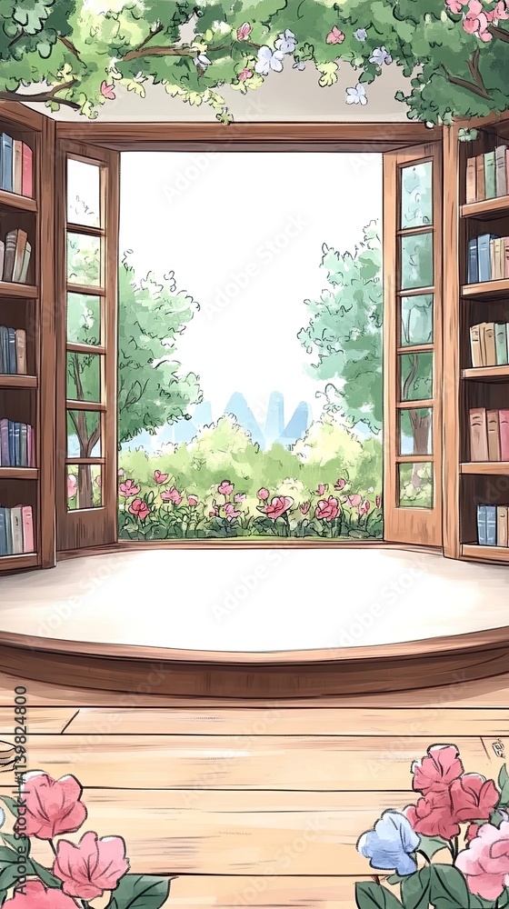 Poster an open doorway in a library, with a view of a beautiful garden and a round platform in the foregrou