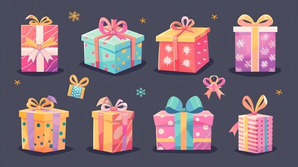 Collection of colorful gift boxes with different patterns and ribbons on a dark background.
