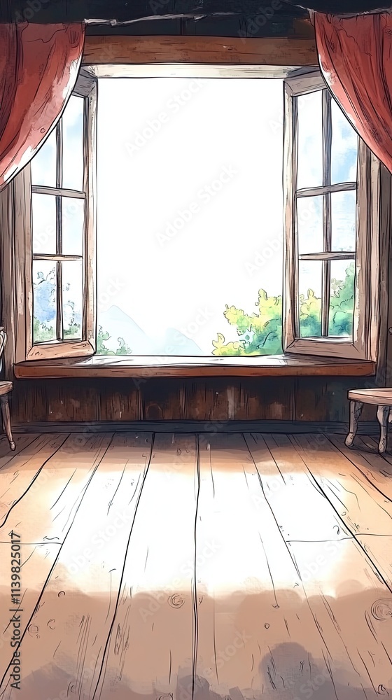 Poster an open window with red curtains, overlooking a beautiful landscape. the room is empty and bathed in