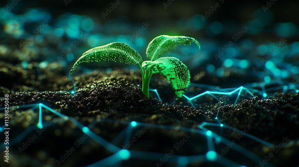 Aufkleber green plant growing in digital soil with glowing lines and data patterns in a futuristic environment