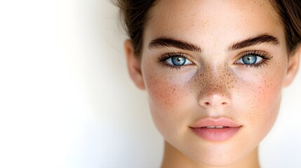 elegant young woman close-up, expressive blue eyes, natural freckles, clear and clean look, isolated on white background