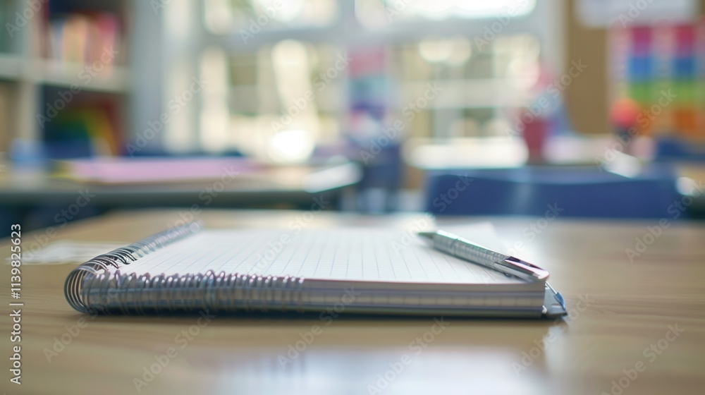 Poster classroom setting with a notebook and pen on a desk during a sunny day. generative ai