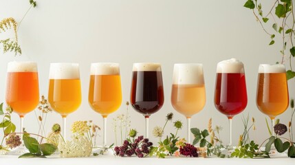 A lineup of various beer glasses surrounded by flowers and greenery.