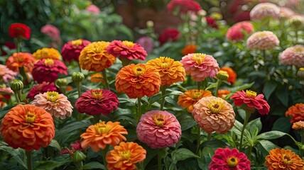 Zinnia Burst: A vibrant profusion of colorful zinnias in full bloom, showcasing a spectrum of warm hues and delicate textures. A captivating display of natural beauty.