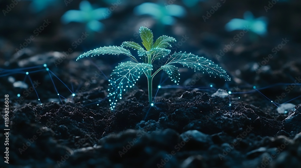 Poster green plant sprouting from soil with digital connection network representing growth and technology
