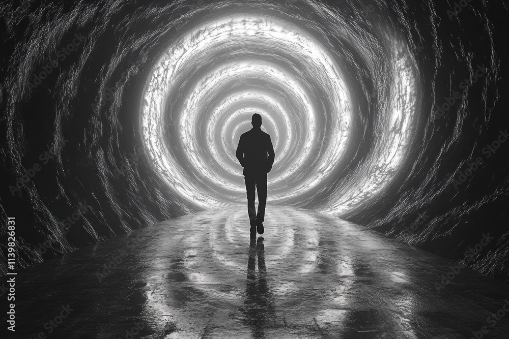 Poster a figure walks alone toward a glowing circular tunnel in a dark, reflective space, creating an atmos