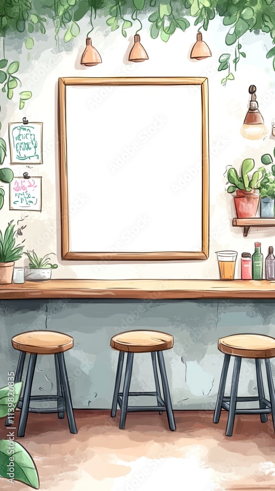 Poster empty cafe counter with stools and greenery.