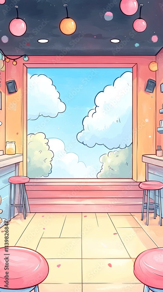 Poster empty bar with a view of the sky and clouds through the window, with two bar stools in the foregroun