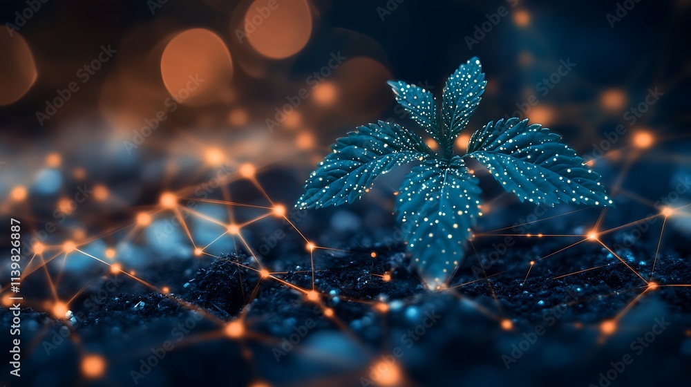 Poster green plant sprouting from soil with digital connections and soft bokeh lights in a man-made environ