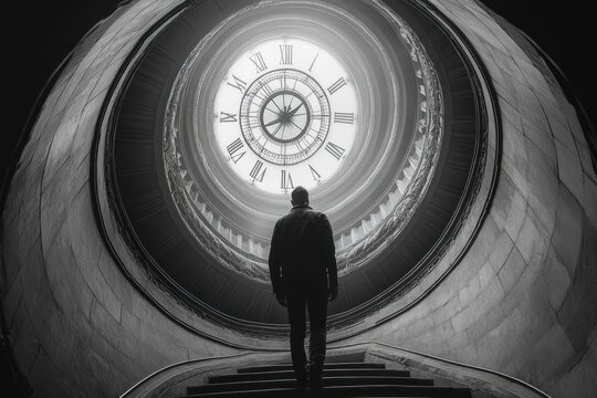 figure stands on the steps of spiral staircase, looking up at large clock high above. The dramatic architecture creates a sense of depth and timelessness, emphasizing the loneliness and power of time