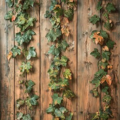 Fototapeta premium wooden fence wall with ivy plants or fern leaves