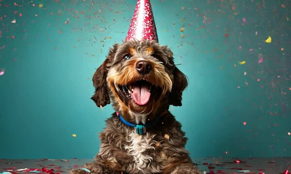 Happy cute smiling puppy labradoodle dog wearing a pink party hat celebrating at a birthday party on blue background, surrounding by falling confetti.