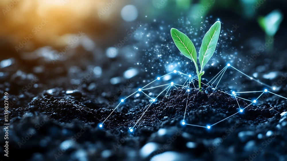 Poster green seedling emerging from dark soil with digital connection and technology concept in nature sett