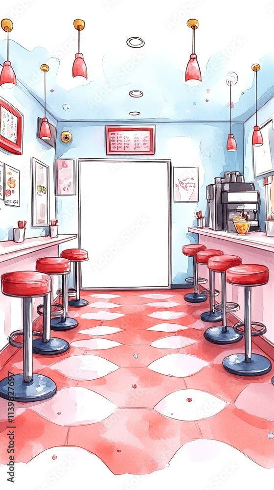 Poster empty retro diner interior with red stools and tiled floor.