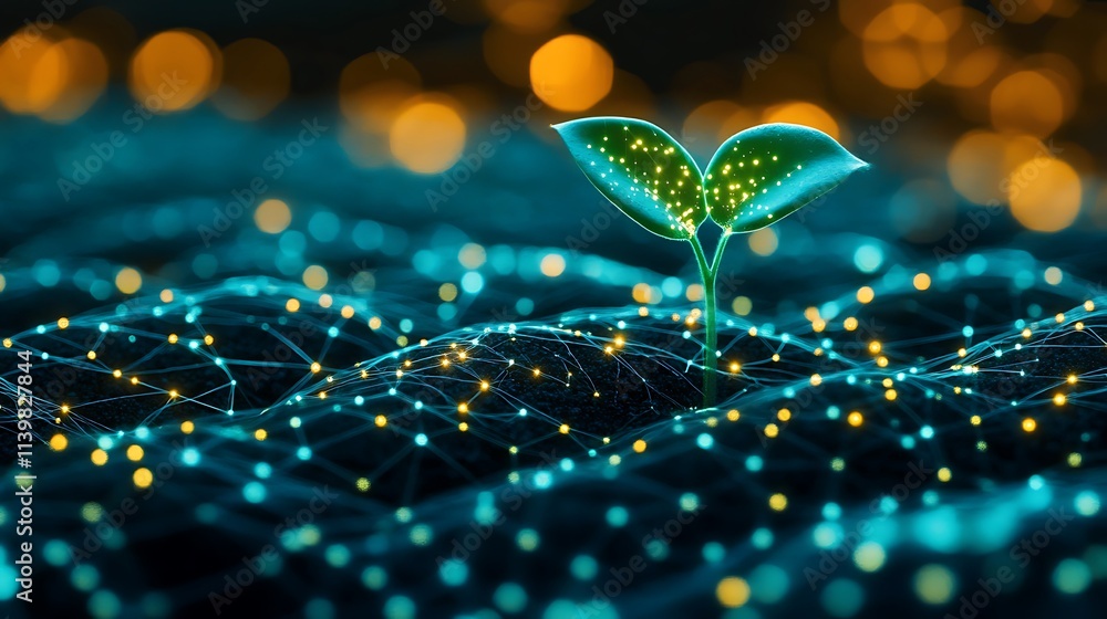 Poster green seedling emerging from digital soil with glowing particles and abstract network background