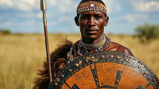 African Warrior: Portrait of a Maasai man, powerfully poised with traditional spear and shield, embodying strength and cultural heritage. 