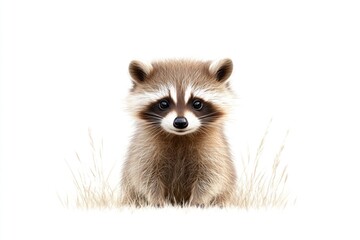 Obraz premium A small, fluffy raccoon is sitting on light grass, showcasing its distinct black markings around the eyes and a playful demeanor in bright daylight