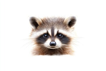 A raccoon displays its adorable face with large, expressive eyes and distinctive facial markings. The soft fur and playful demeanor highlight its charm in this close-up view