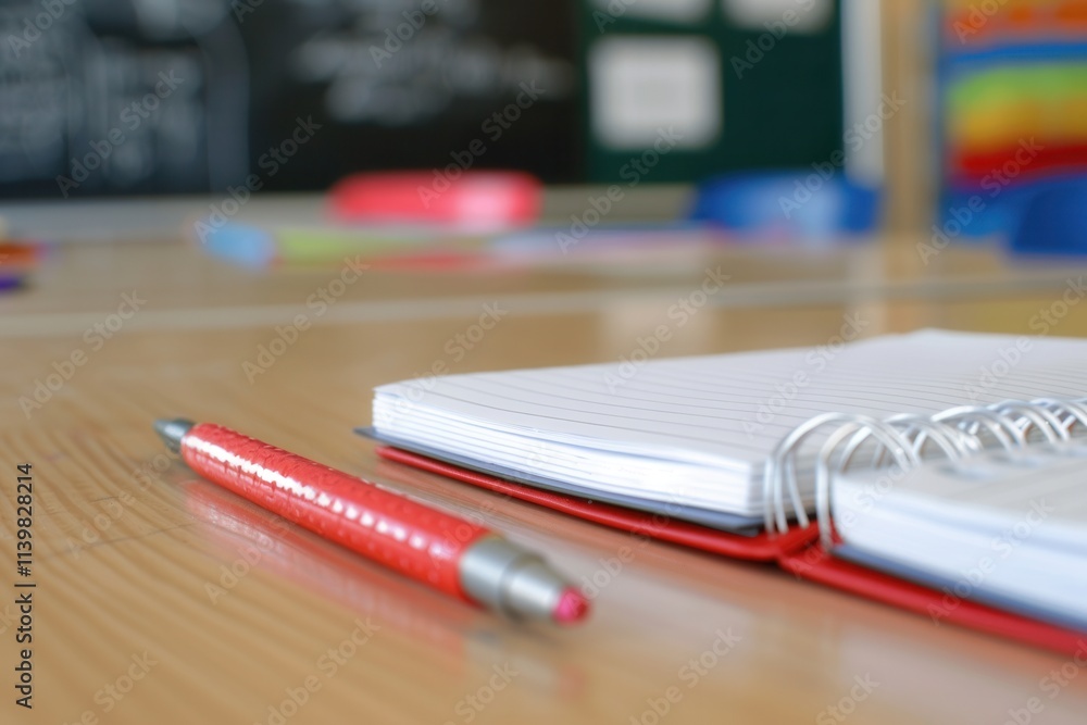 Poster notebook and pen resting on a desk in a modern classroom filled with bright orange chairs during a s
