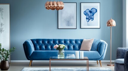 Chic modern living room with soft blue tones, plush velvet seating, and elegant copper accents in furniture and lighting.
