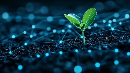 Green Seedling Growing in Dark Soil with Abstract Digital Connections Representing Technology and Nature