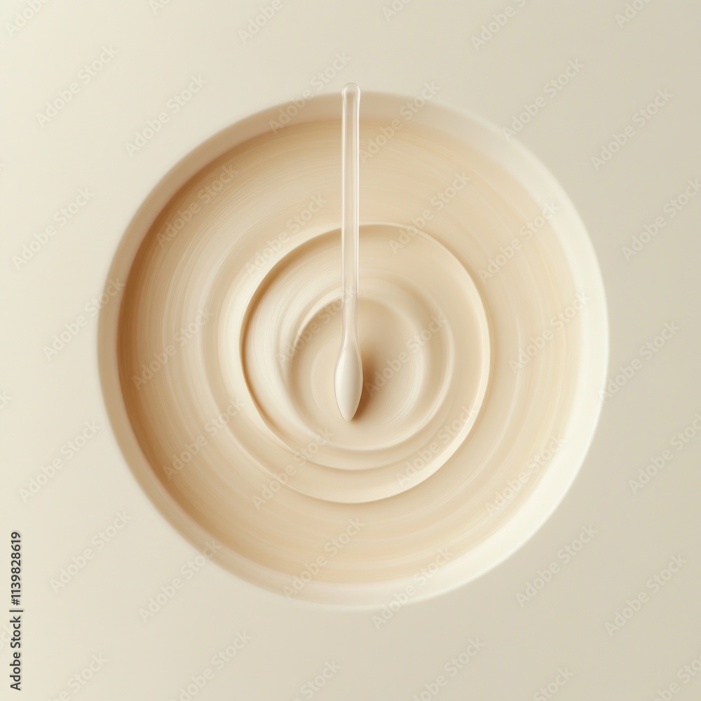 Poster a creamy substance is slowly being poured, forming a spiral pattern on a flat, light-colored surface