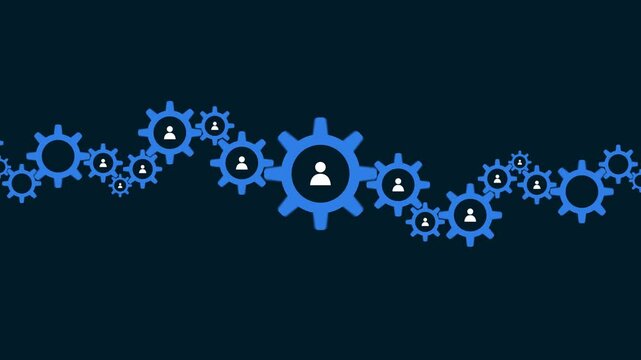 A group of blue gears with icons as a symbol of connection people on dark blue background. Business idea with succes, teamwork. Integration, collaboration  animation theme.