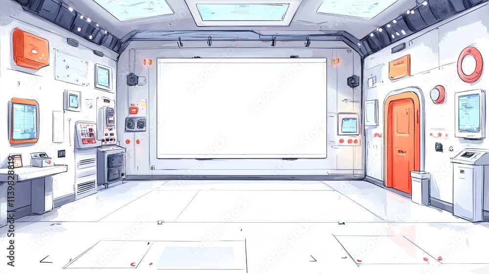 Poster futuristic control room with a large blank screen and various technical equipment.
