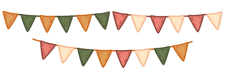 Vector festive bunting in earthy tones of green, orange, and beige. Hand-drawn illustration set in simple cartoon style. Colorful triangular bunting in warm earthy hues for festive decoration
