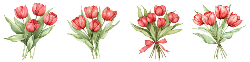 Obraz premium A series of bouquets featuring vibrant red tulips with lush green leaves, beautifully arranged for visual appeal, white background, transparent background.