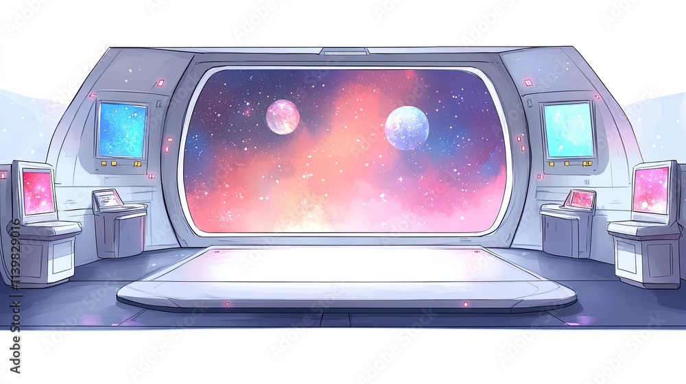 Poster futuristic spaceship interior with large window overlooking nebula and planets.