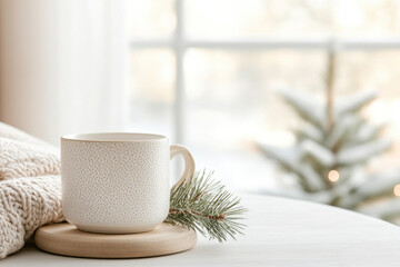 A white textured cup filled with tea rests on a wooden coaster, accompanied by a soft knit blanket. A small decorated tree is visible through the window, adding a festive touch