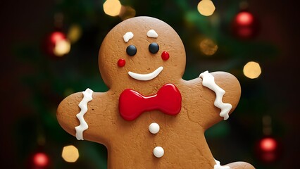 Christmas-themed 3D illustration of a smiling gingerbread man with red bow tie and icing details, placed against a festive blurred background with glowing lights and holiday tree ornaments