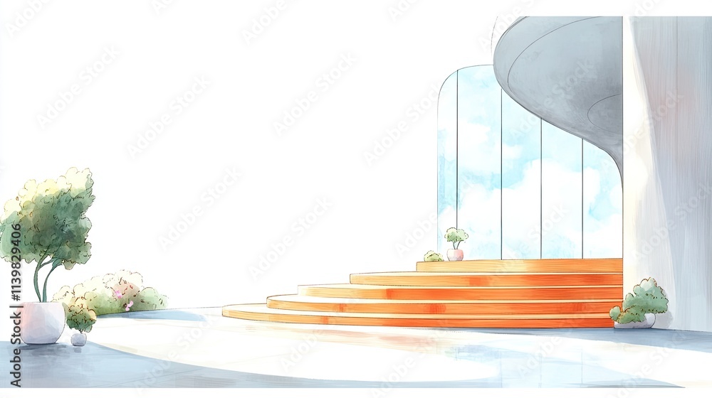 Poster modern minimalist architectural design of an empty space with a curved staircase and potted plants.