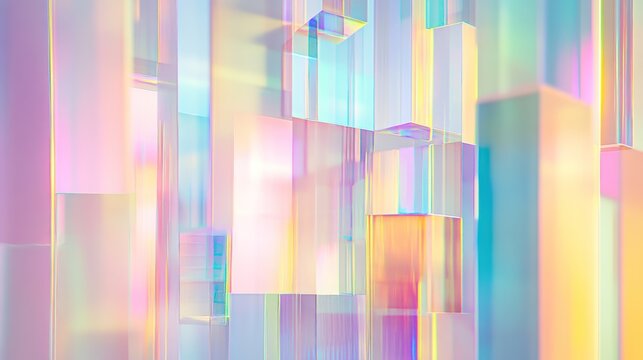 Fototapeta Abstract geometric shapes, iridescent glass blocks, pastel colors,  modern design,  3d render.