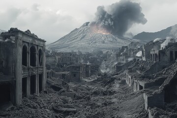 Volcanic eruption destroys city; ash-covered ruins.