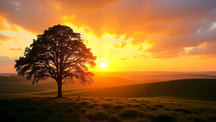 Fototapeta premium Majestic Tree Silhouette at Sunset Over Rolling Hills