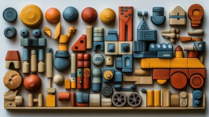 Colorful wooden toy blocks arranged in a creative pattern on a white background.