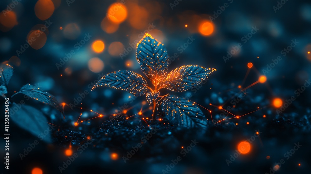 Poster illuminated green plant sprouting from dark soil with glowing particles and abstract background effe