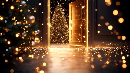 glowing Christmas doorway, soft sparkling light spilling out, decorated tree in view, seasonal warmth, isolated on white background