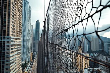 Fototapeta premium Cityscape viewed through a safety net.