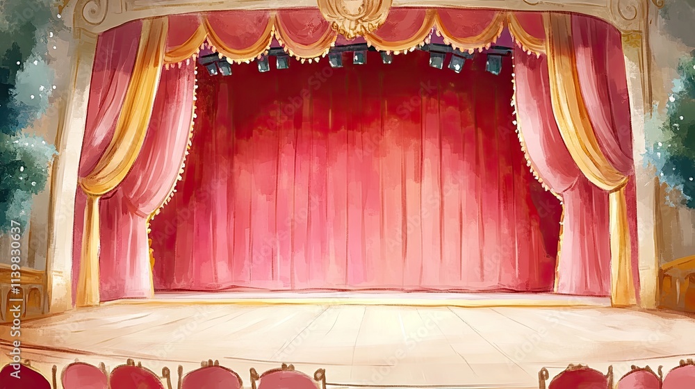 Poster red velvet curtains framing an empty stage with rows of red seats in the foreground.