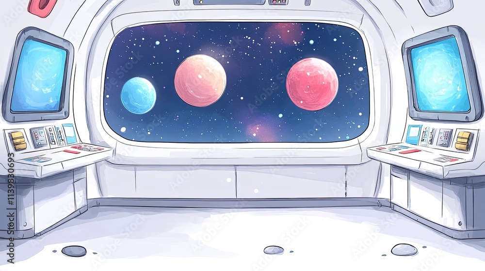 Poster spaceship interior with large window view of three planets in space.