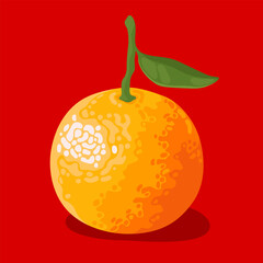 Orange sweet tangerine with green leaf on a bright red background. Symbol of Chinese New Year, Lunar New Year, Tet.