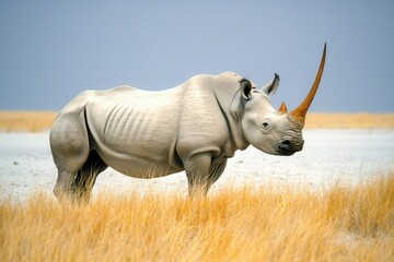 Obraz premium A powerful image of a rhinoceros with its horn prominently displayed