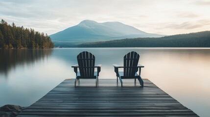 Two Adirondack chairs sit side by side on a wooden dock, overlooking a calm lake with a majestic mountain in the distance, perfect for a quiet retirement retreat.